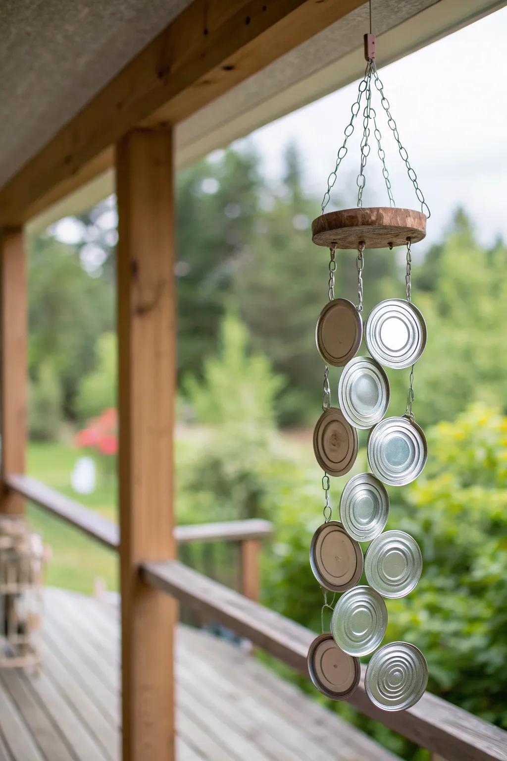 Harmony in simplicity: Discover the melodic charm of recycled can lid wind chimes.