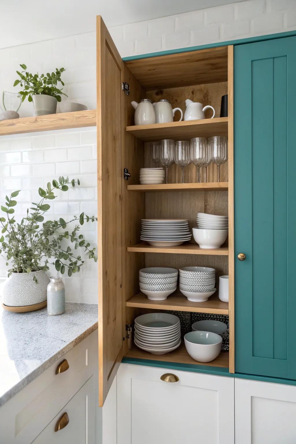 A splash of color inside your cabinets adds a delightful surprise to your minimalist kitchen.