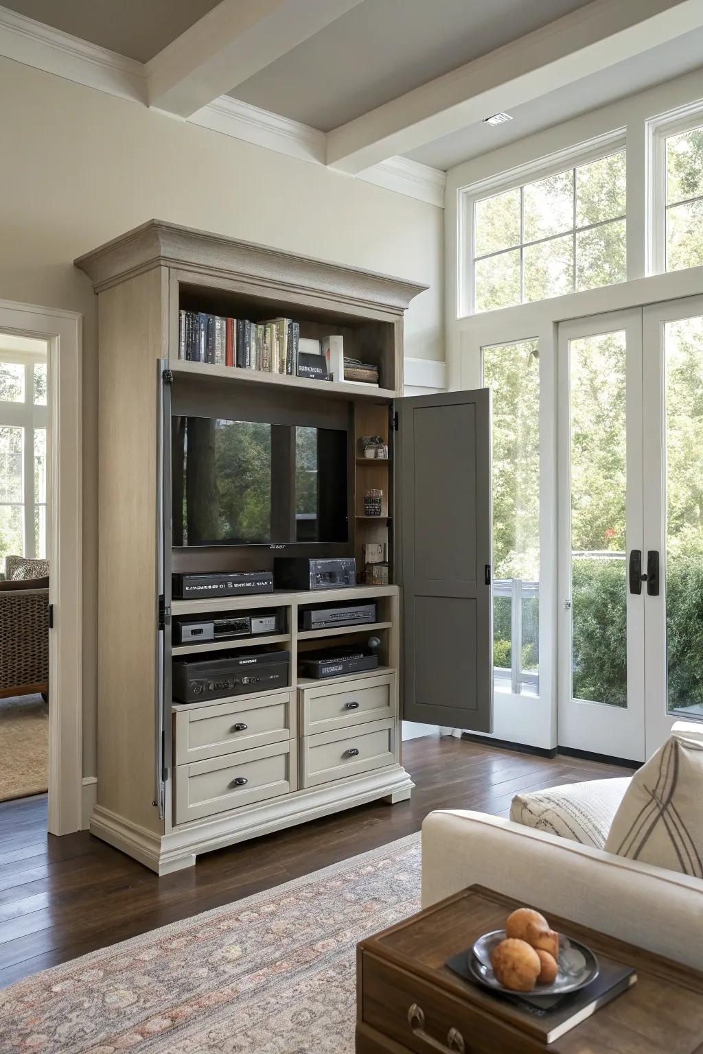 A media center armoire organizes electronics with style and efficiency.