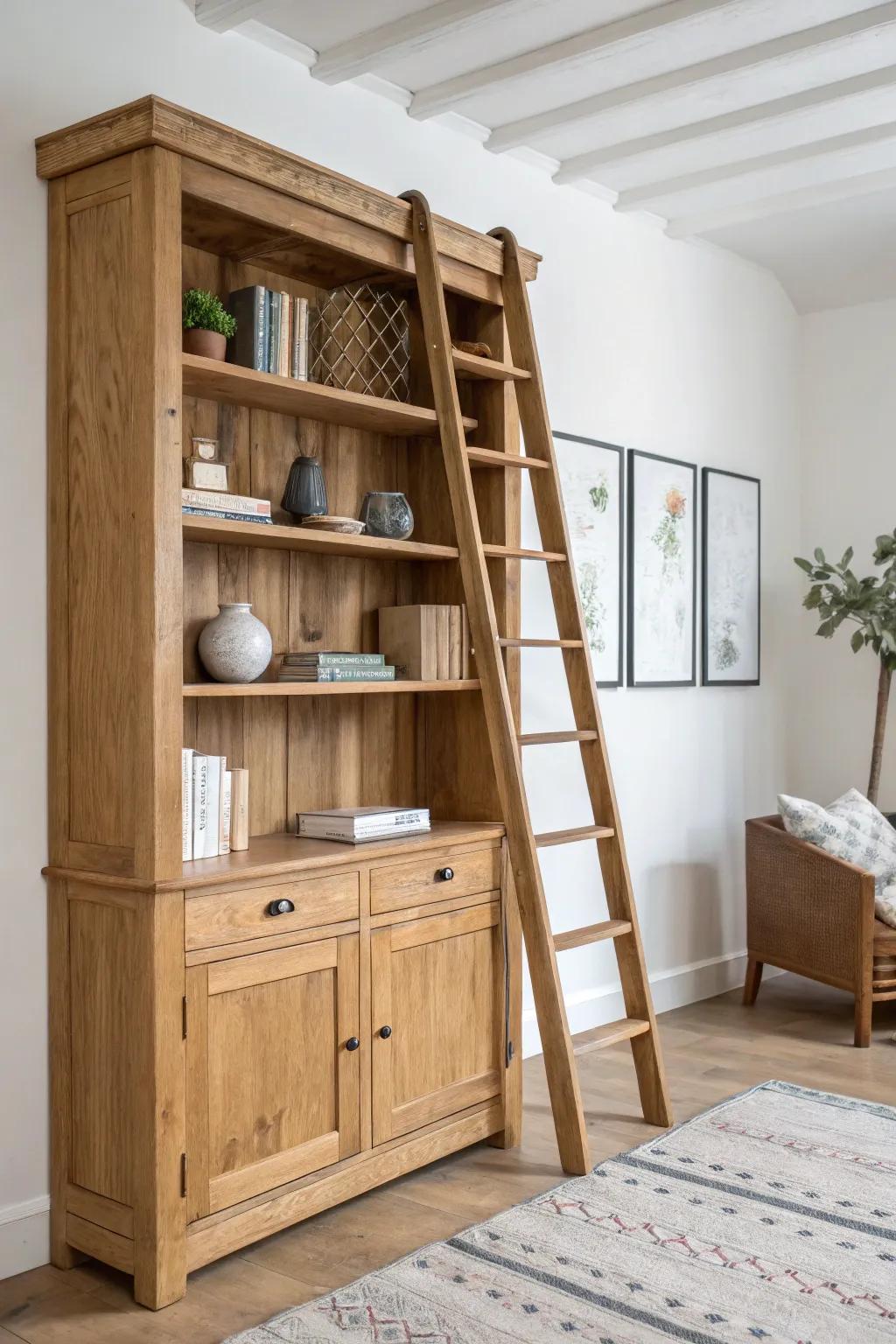 Elevate your reading nook with a vintage library ladder for a touch of elegance and ease.