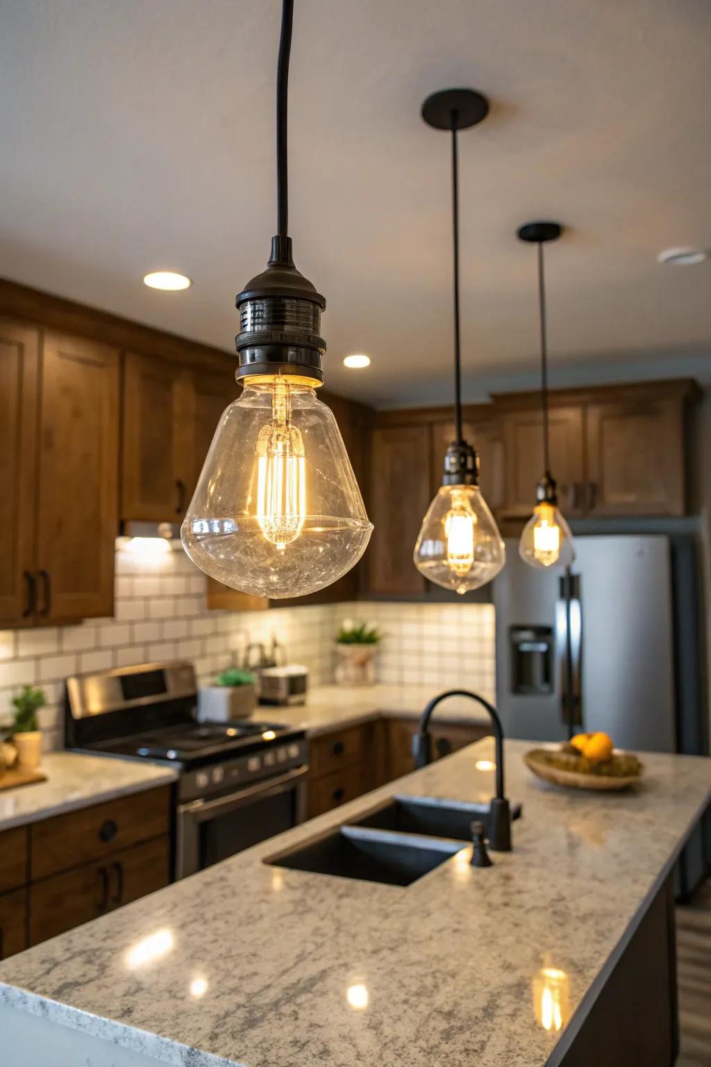 Plug-in pendant lights add elegance and illumination to a rental kitchen.