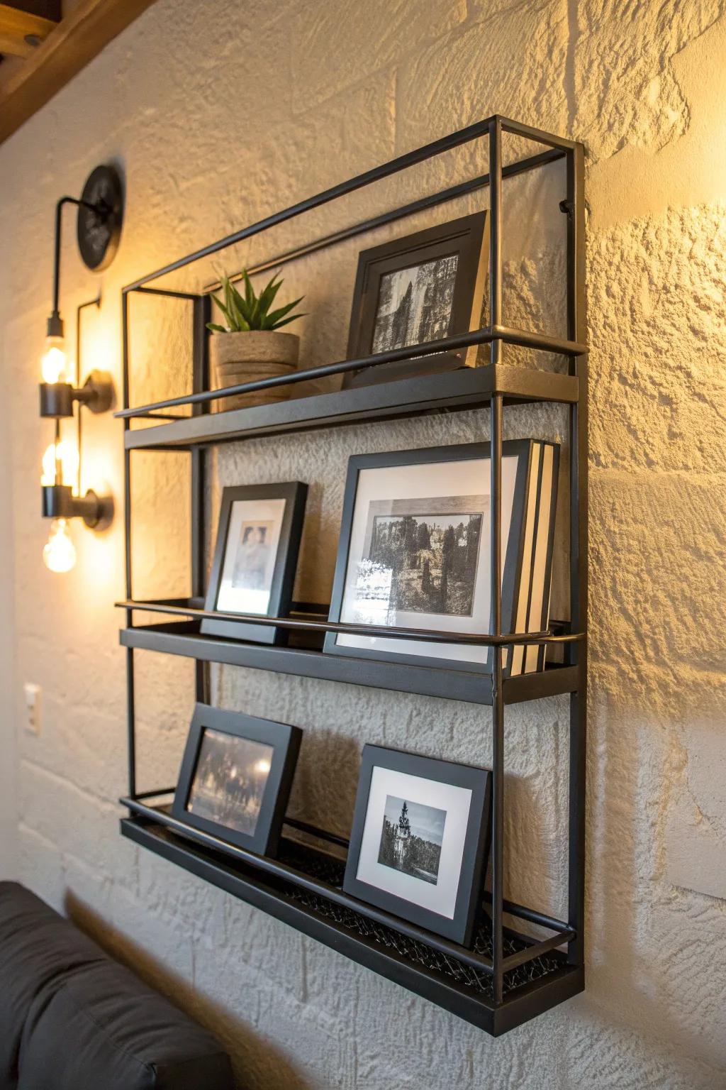 Transform your space with a chic floating wall shelf crafted from a repurposed metal CD rack.