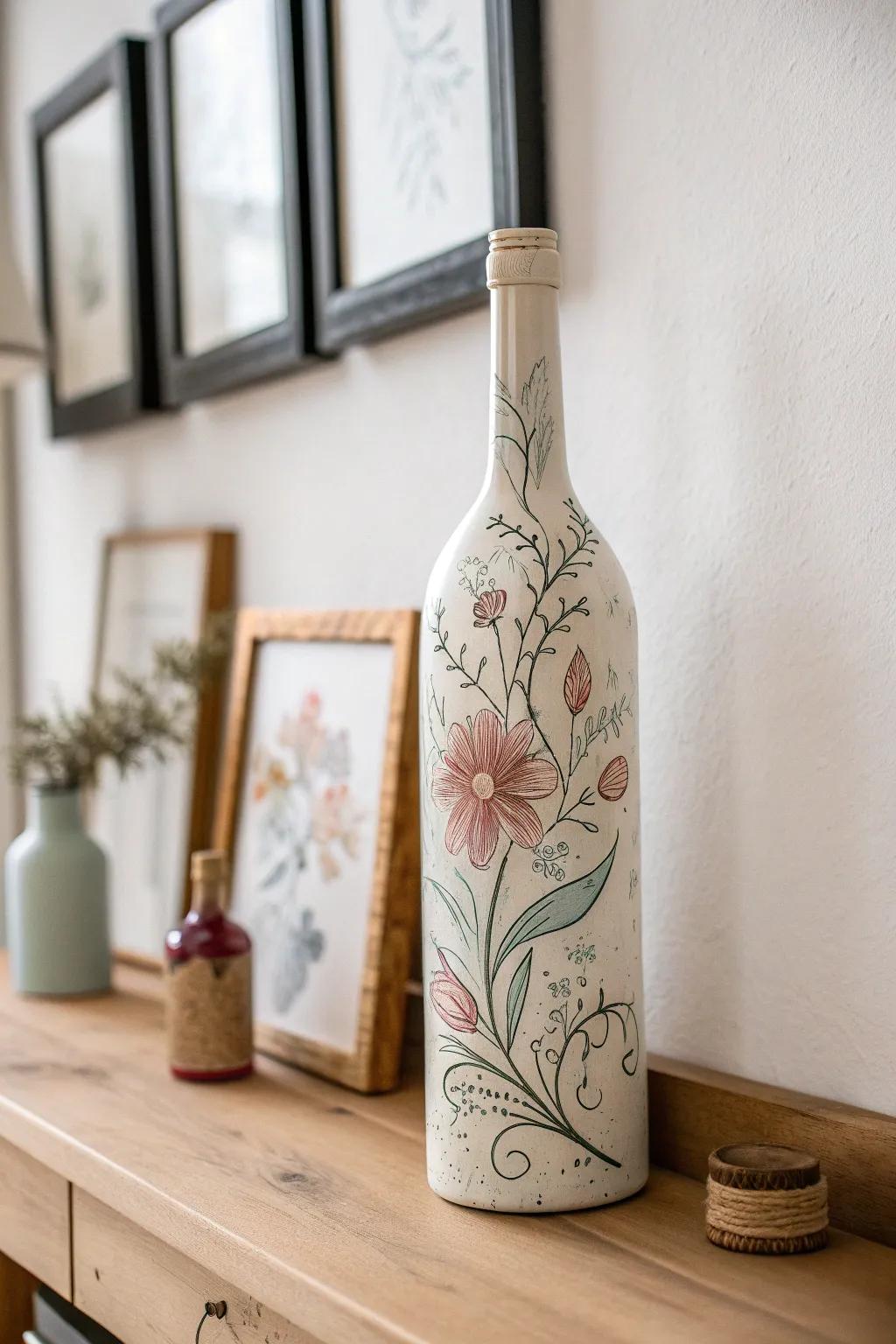 Transform your empty wine bottles into stunning painted masterpieces that add a touch of elegance to your home decor.