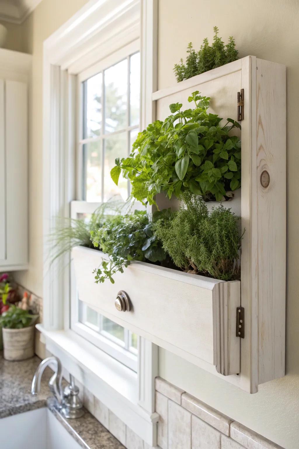 Transform your space with a touch of green elegance: a repurposed cabinet door becomes a stunning wall-mounted planter.