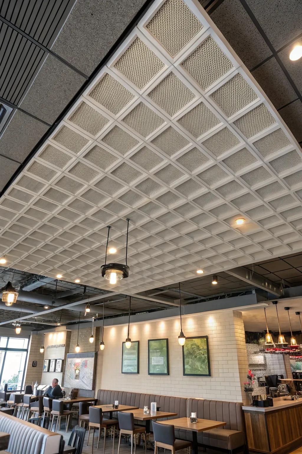 Ceiling baffles add depth and acoustic control to restaurant spaces.