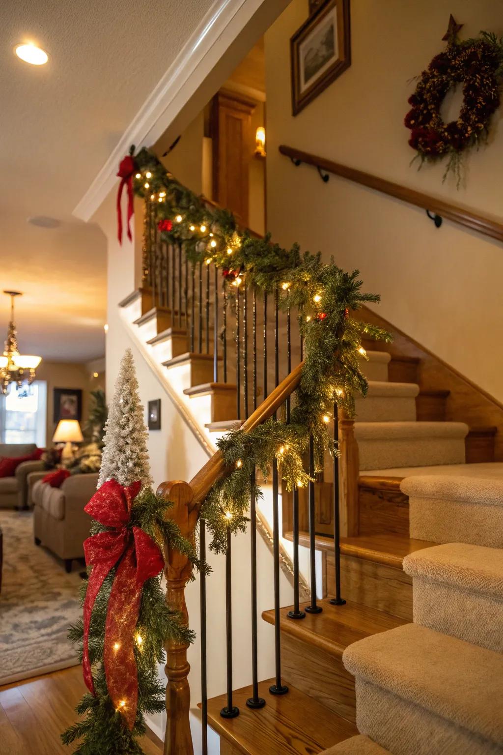 Wrap stair railings with ribbons for a festive and cohesive home decor.