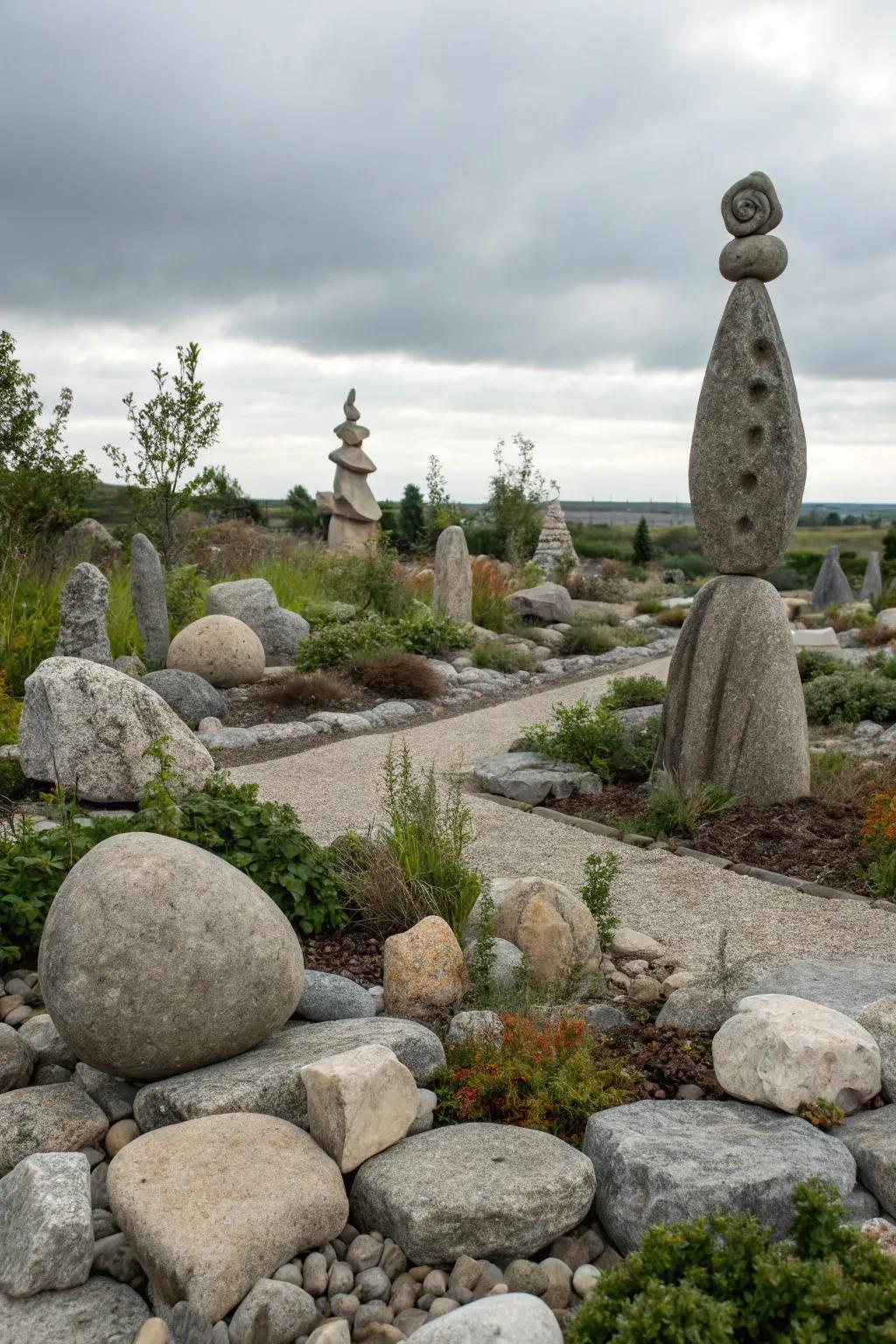 Sculptures add an artistic touch to a rock garden.