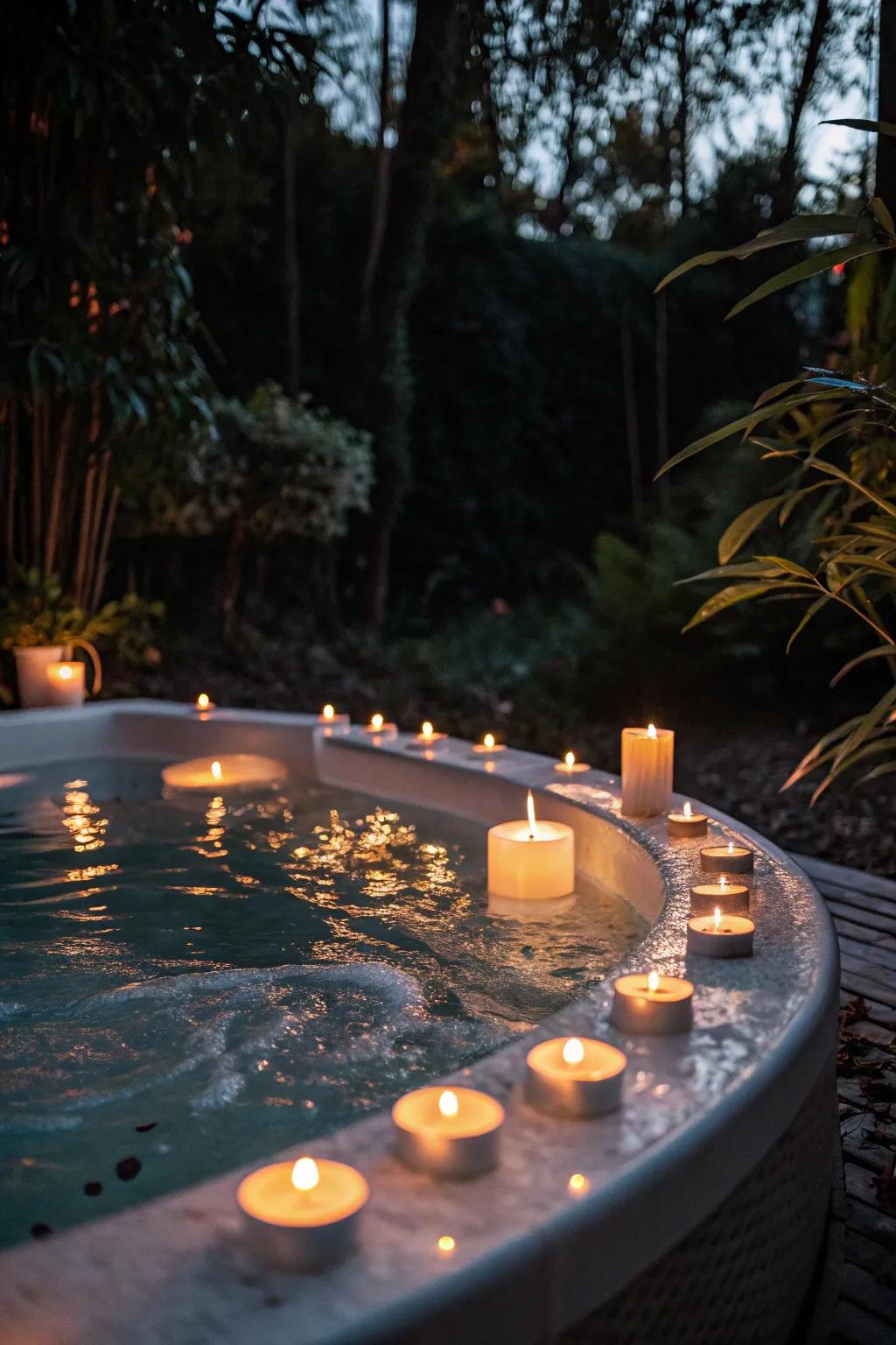 Floating candles add elegance and warmth to the jacuzzi.