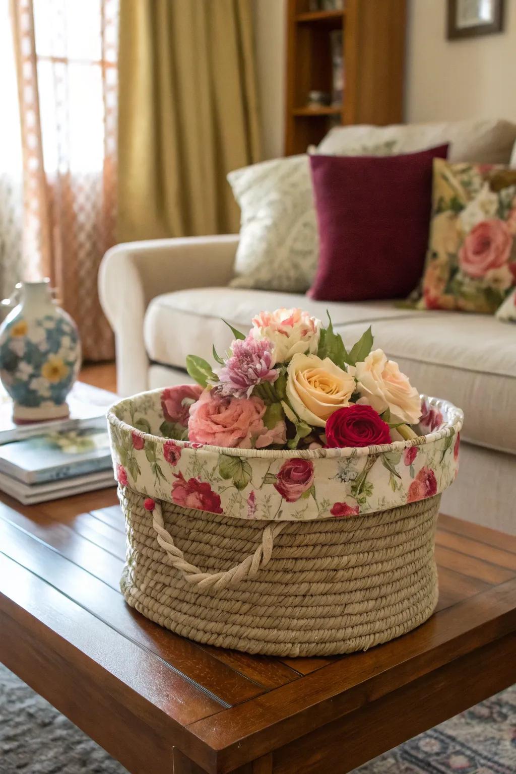 Fabric lining adds color and softness to rope baskets.