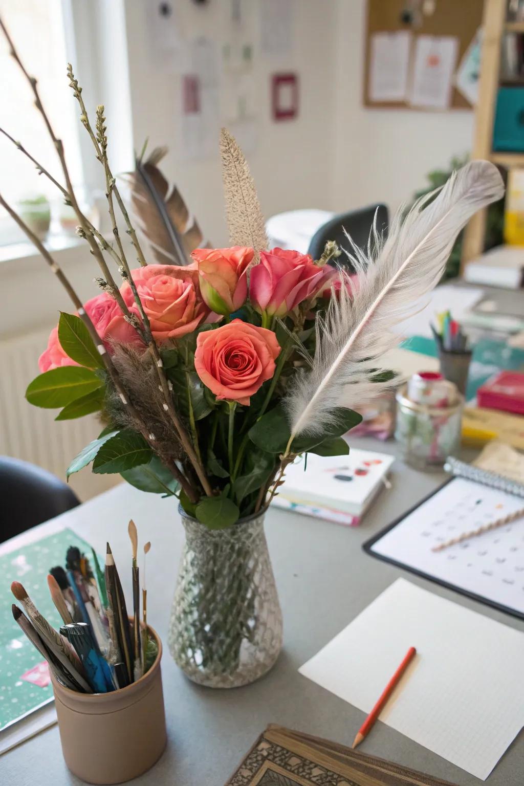 Layering textures like feathers and branches adds an artistic flair to rose arrangements.