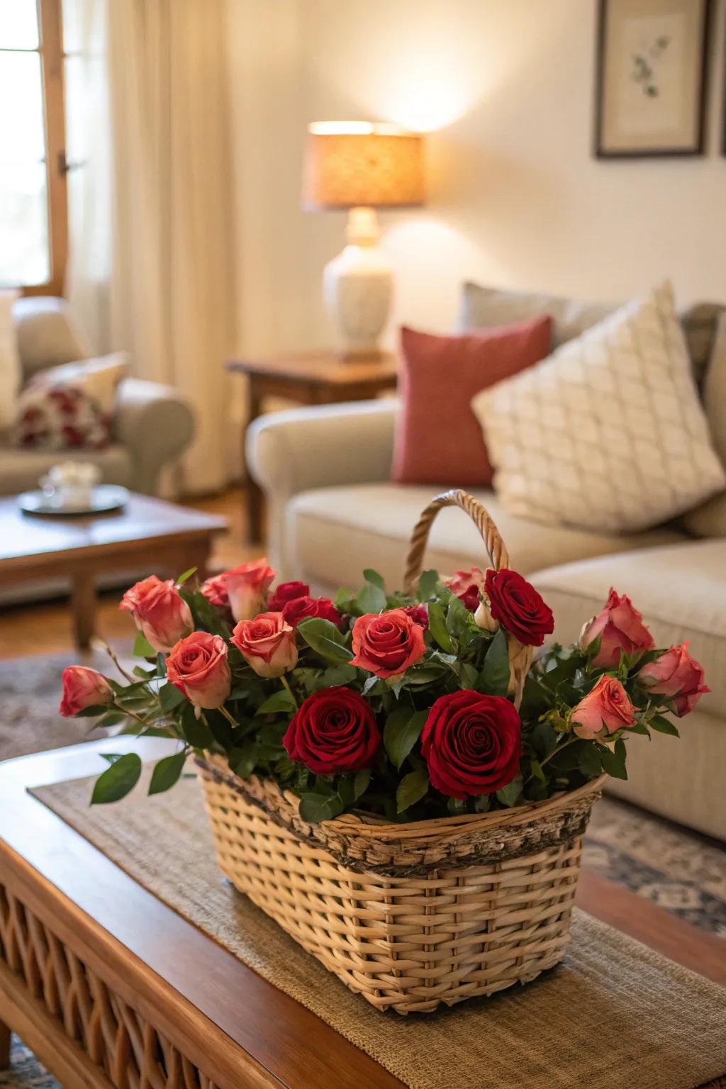 Roses in a woven basket offer a cozy, casual charm.