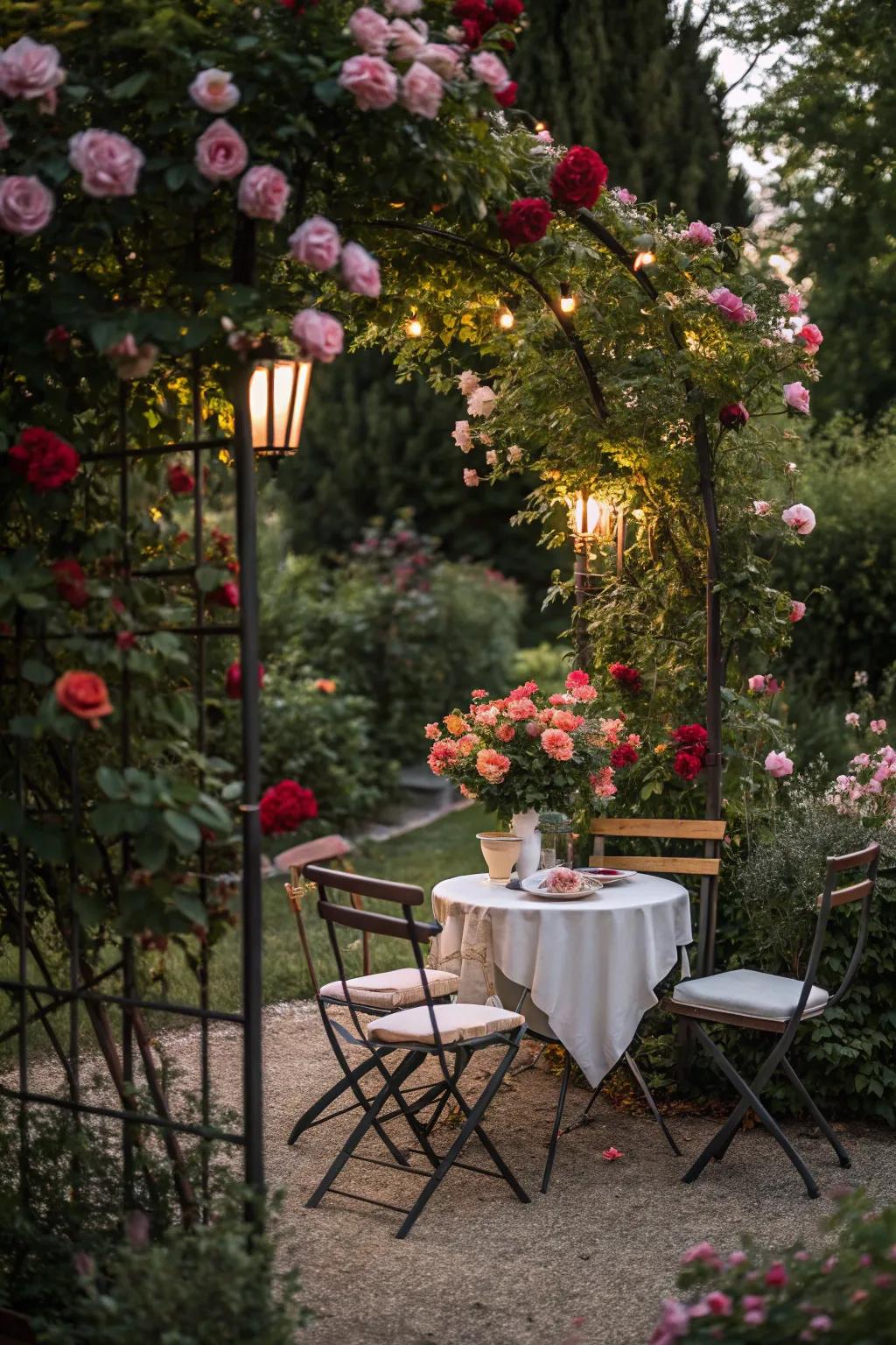 A romantic seating area, enveloped by the charm of roses.