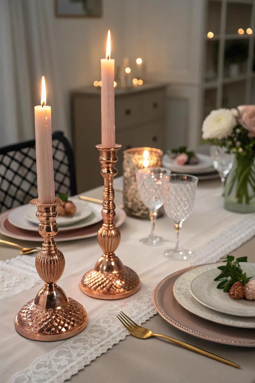 Candle holders create a warm and romantic atmosphere.