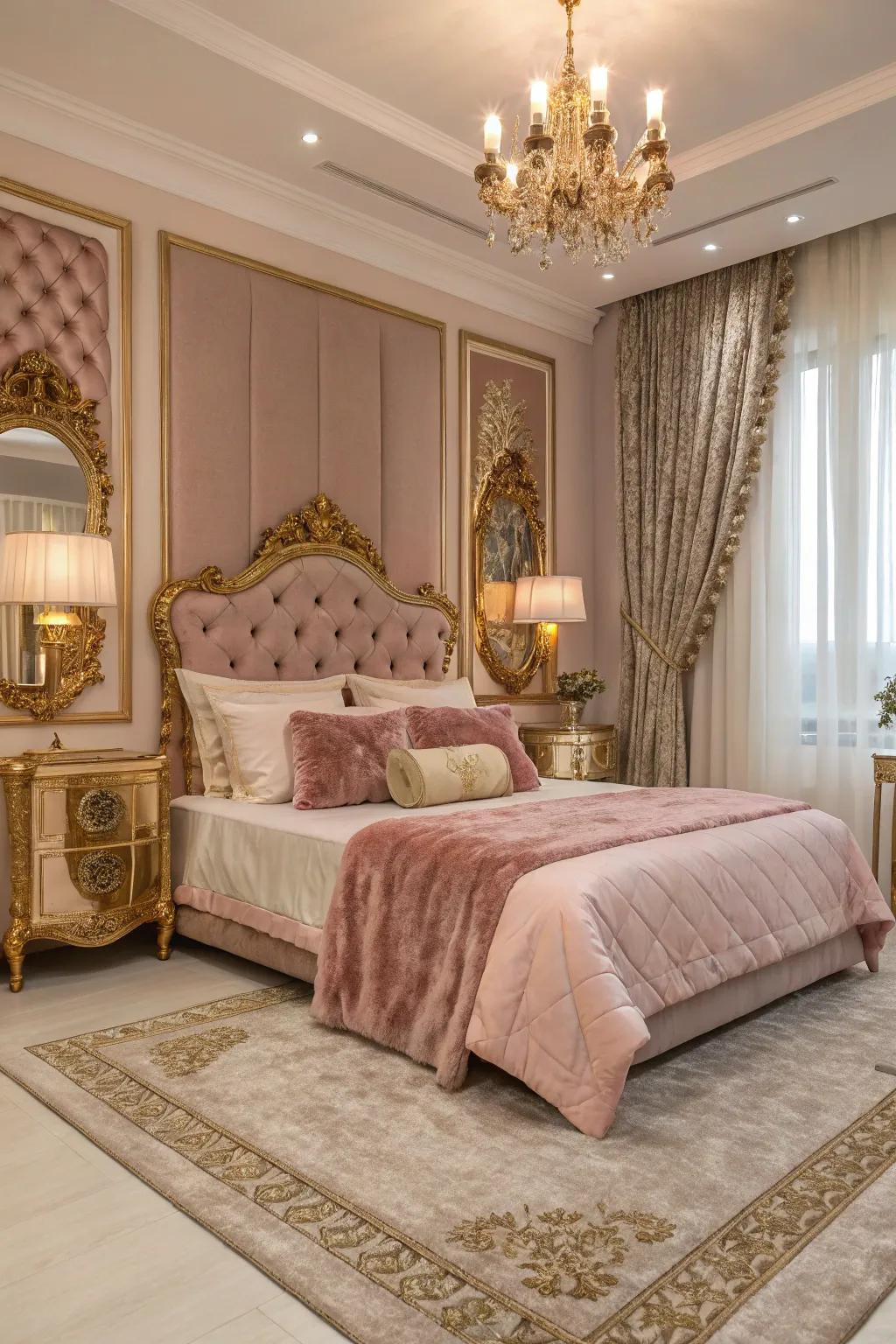 Blush pink and gold create a glamorous space.