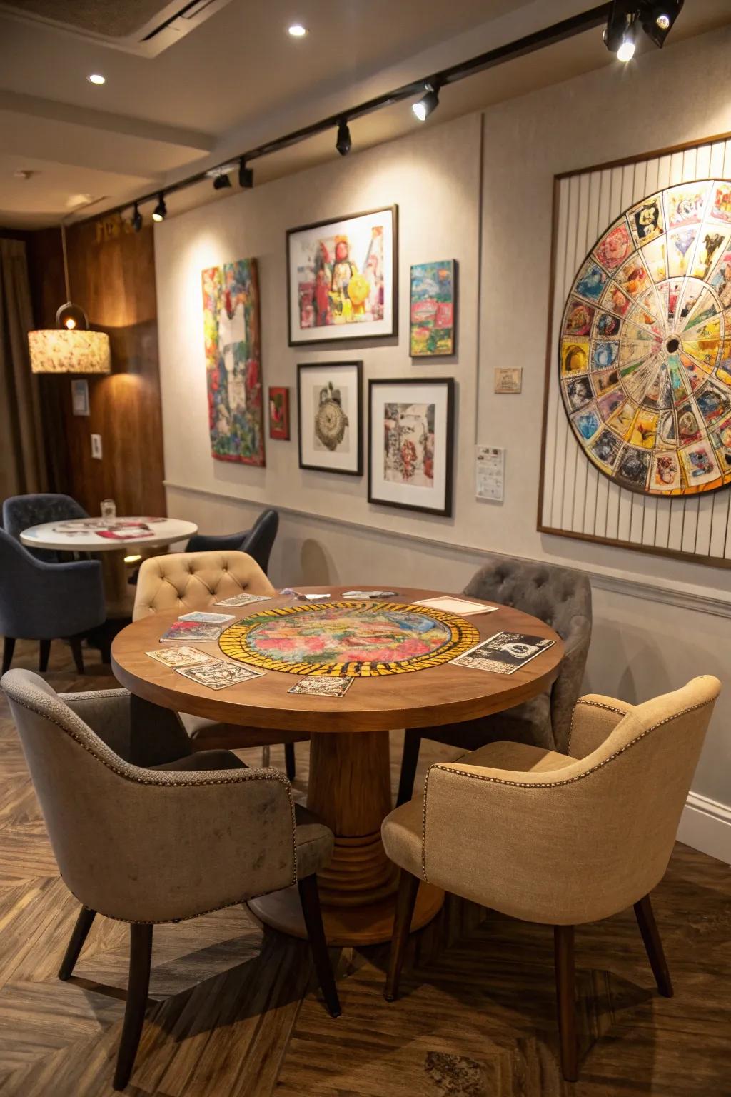 Custom artwork on a round table top adds a personal and creative touch.