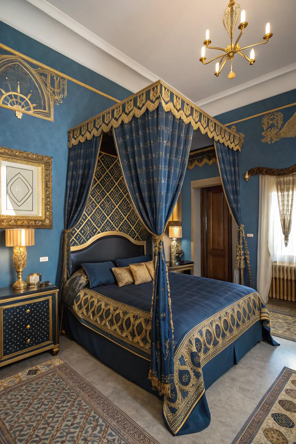 Art Deco decor with royal blue and gold bedding adds eclectic charm.