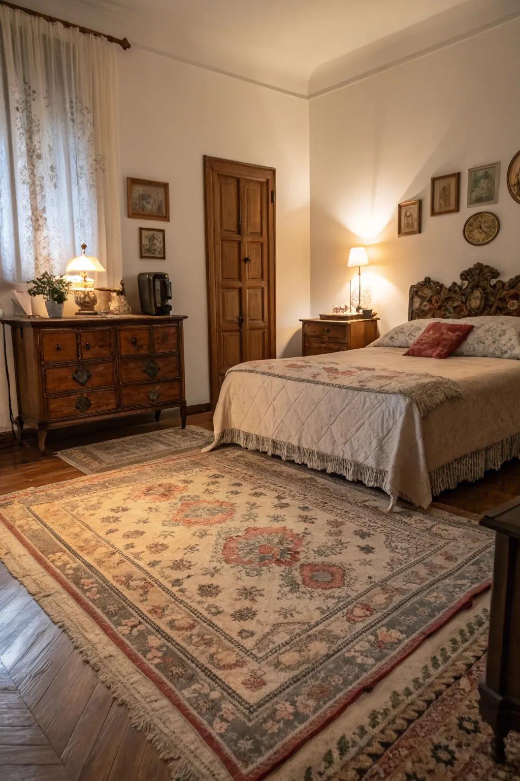 A faded rug adds subtle elegance and vintage charm to a cozy bedroom.