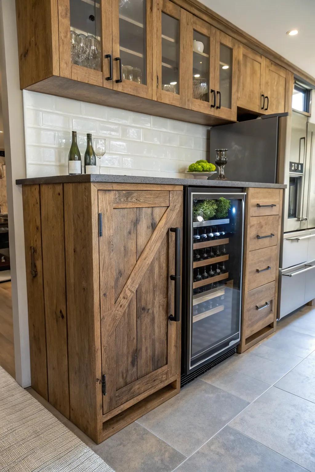 A bar cabinet with built-in fridge space, perfect for chilled beverages.