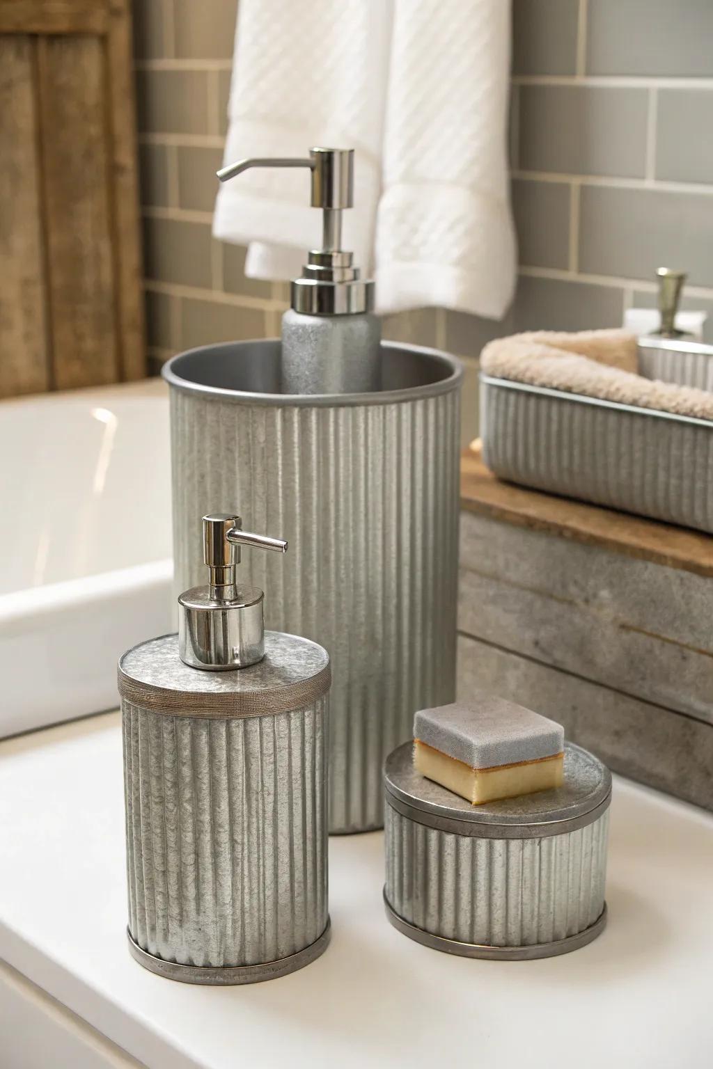 Corrugated metal bath accessories add subtle rustic charm to this bathroom.