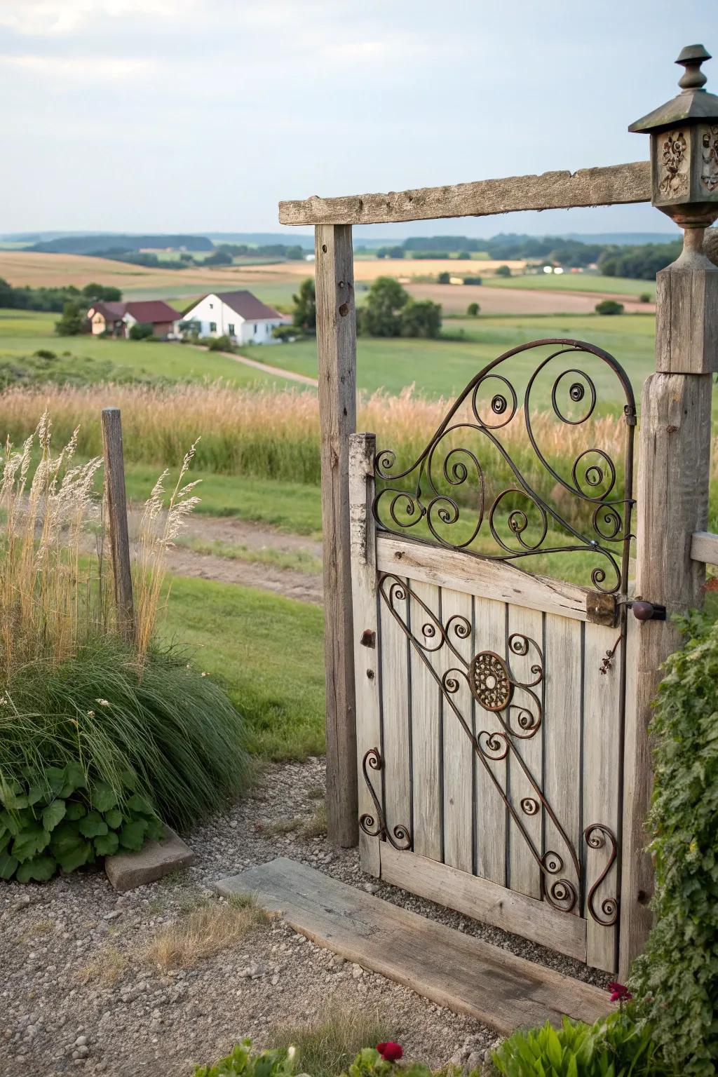 Iron scrollwork enhances rustic gates with elegance.