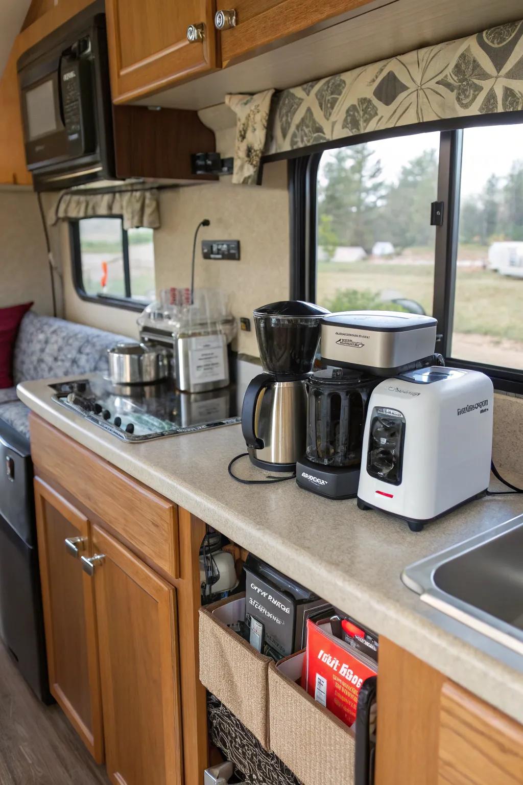 Velcro keeps countertop items secure during transit.