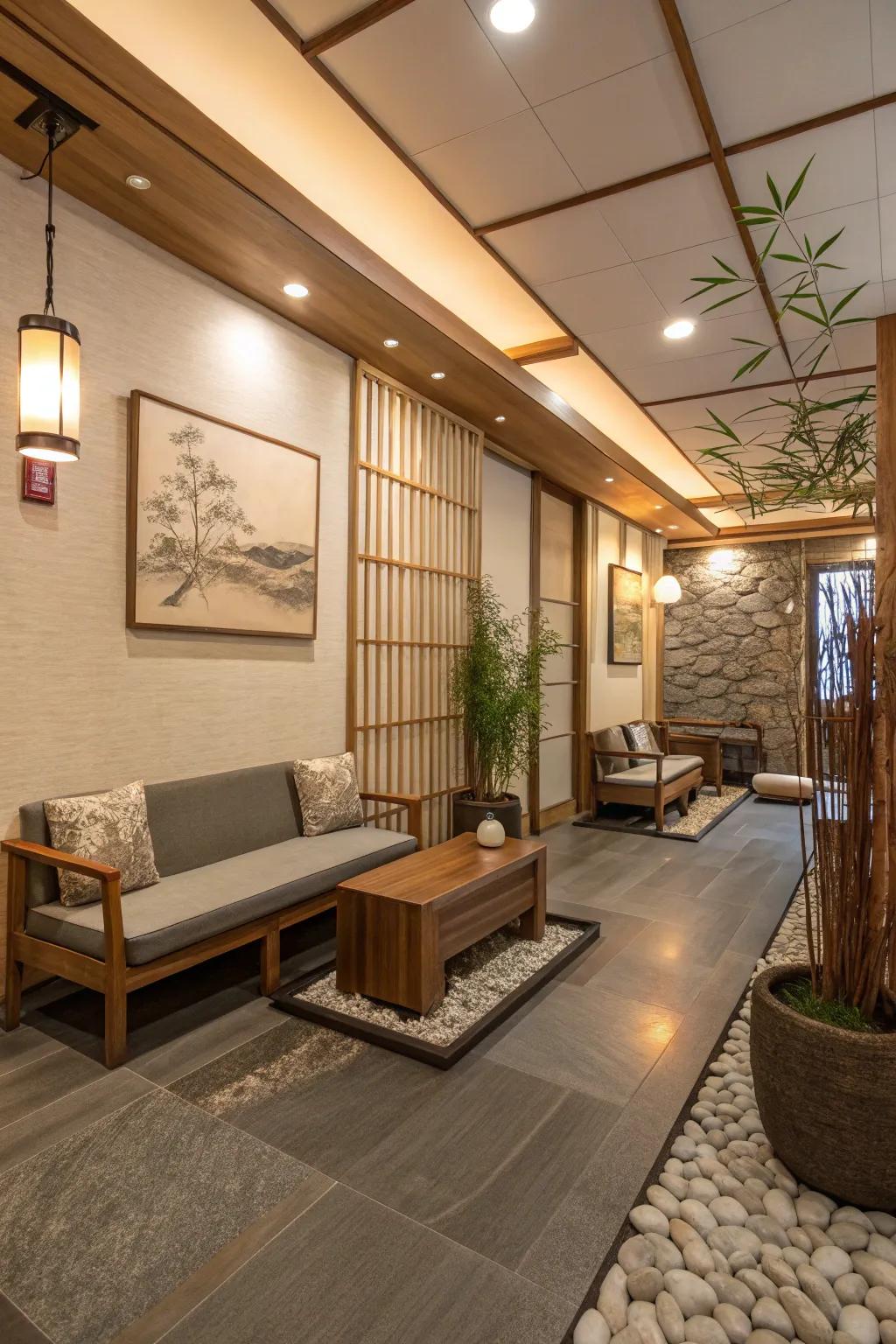 Japanese serenity offers a tranquil salon waiting area.