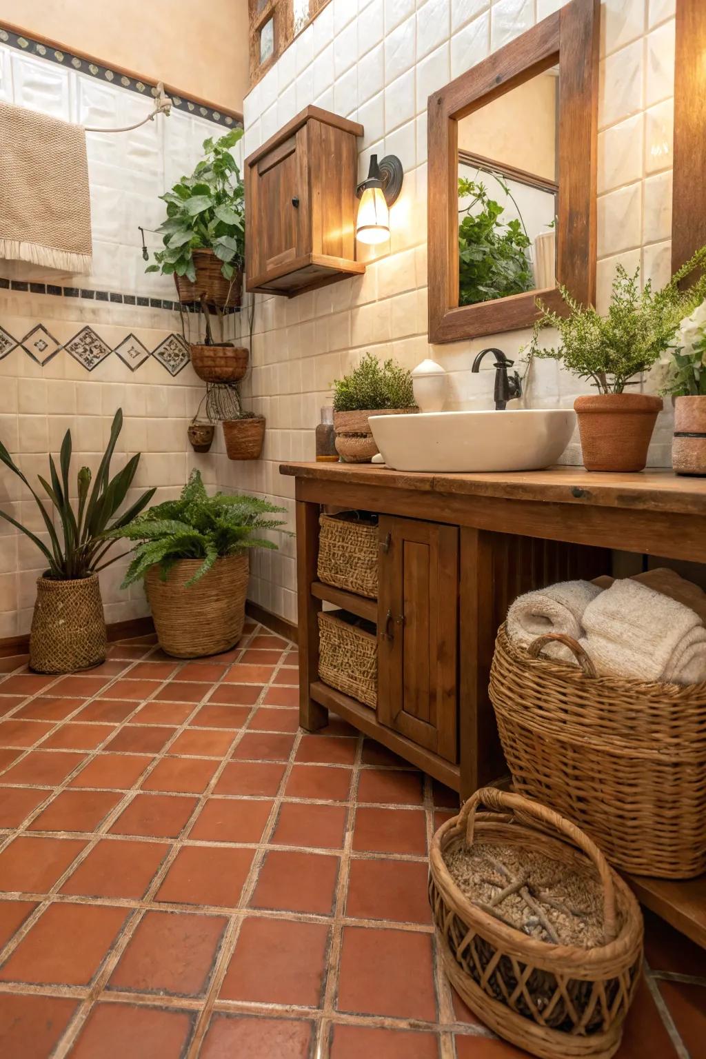 A harmonious bathroom featuring Saltillo tile flooring and earthy decor elements.