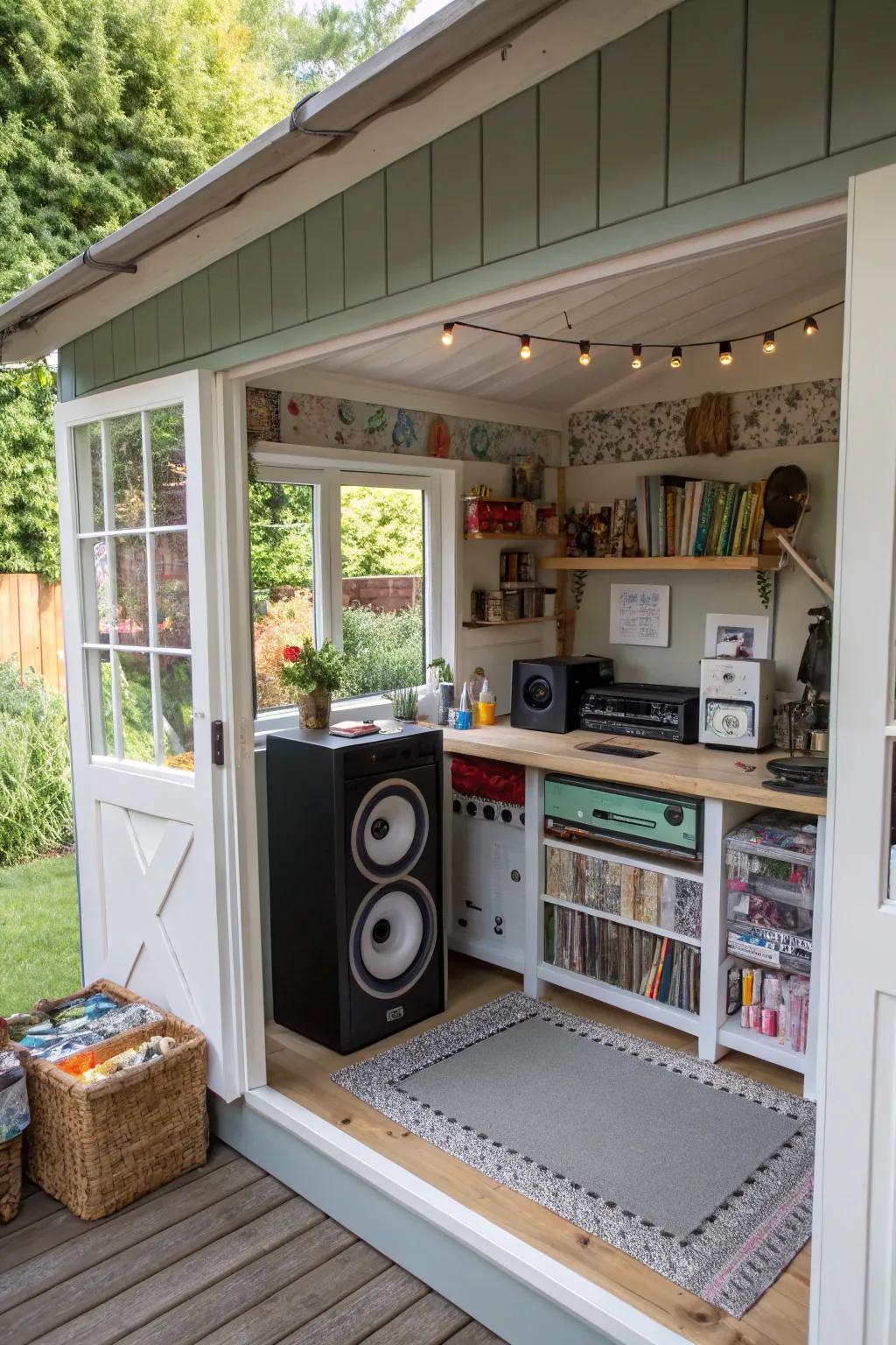 A sound system enhances the atmosphere in a she shed craft room.