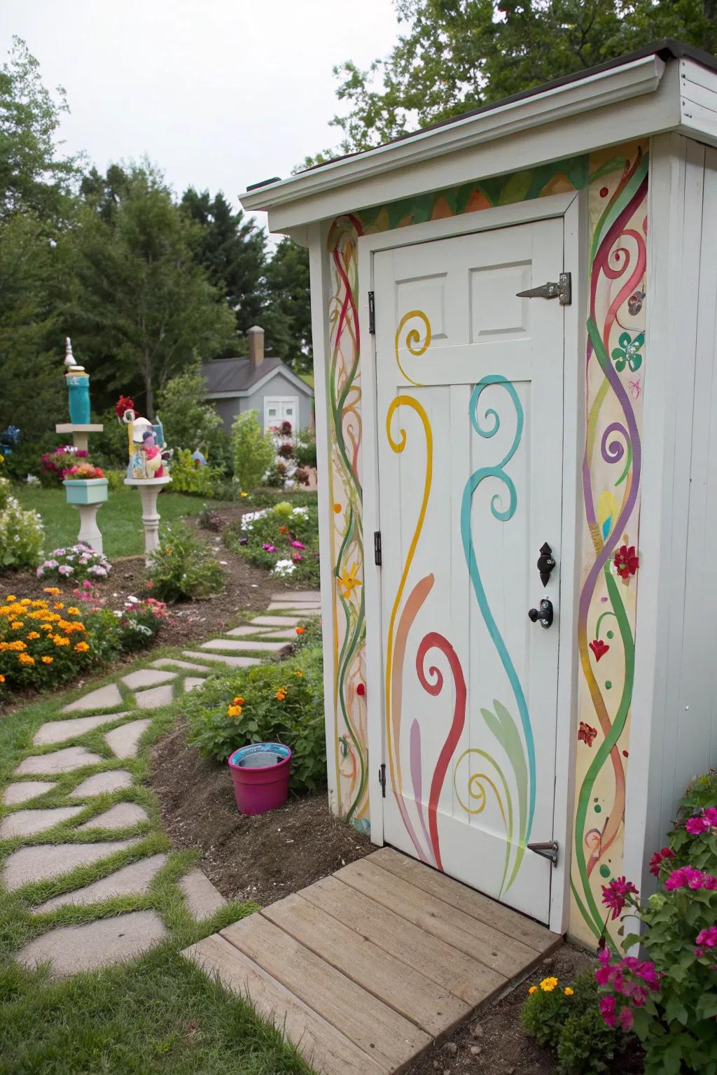 Whimsical paint strokes add a playful and unique touch to this shed door.