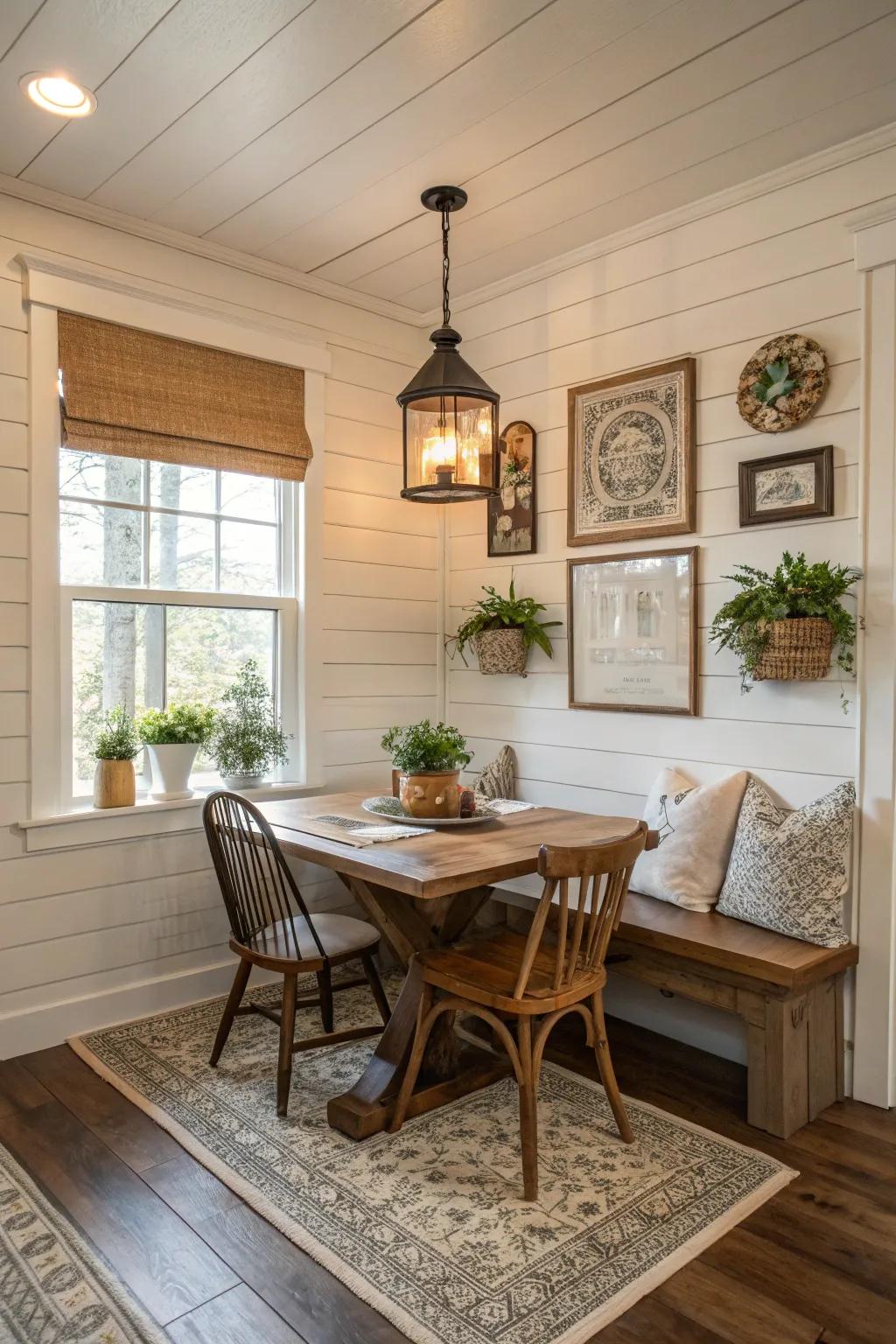 A charming breakfast nook with cozy shiplap wainscoting.