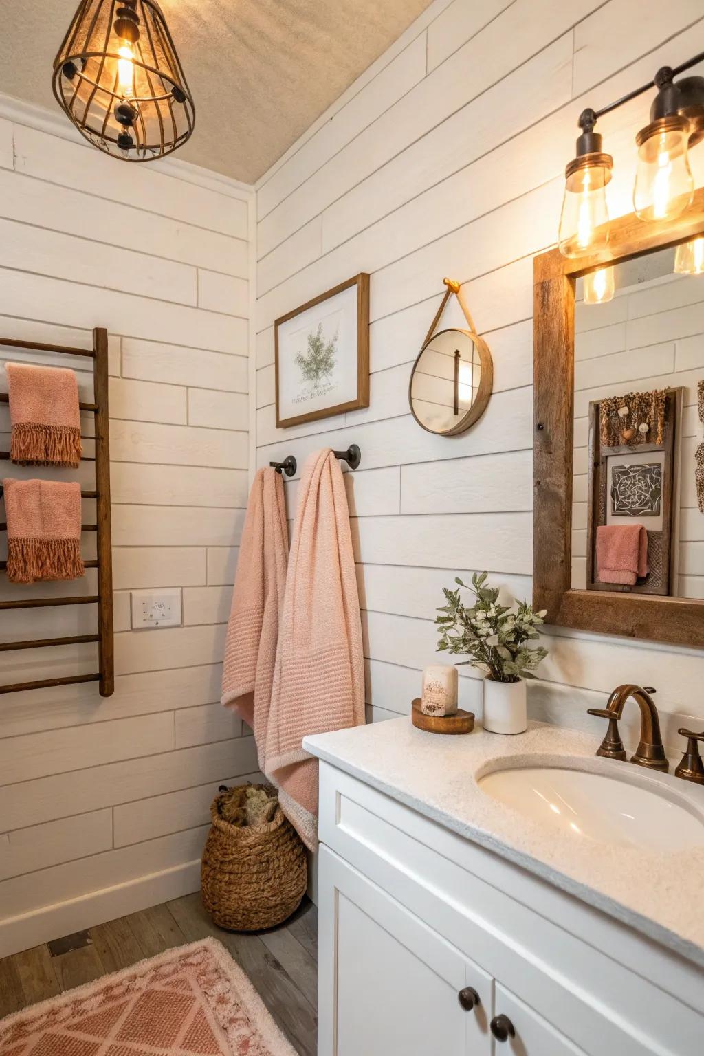 A bathroom featuring a white shiplap wall with warm decor accents.