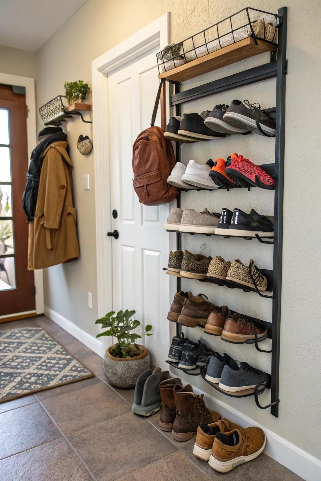 Wall-mounted racks save space and keep shoes accessible.