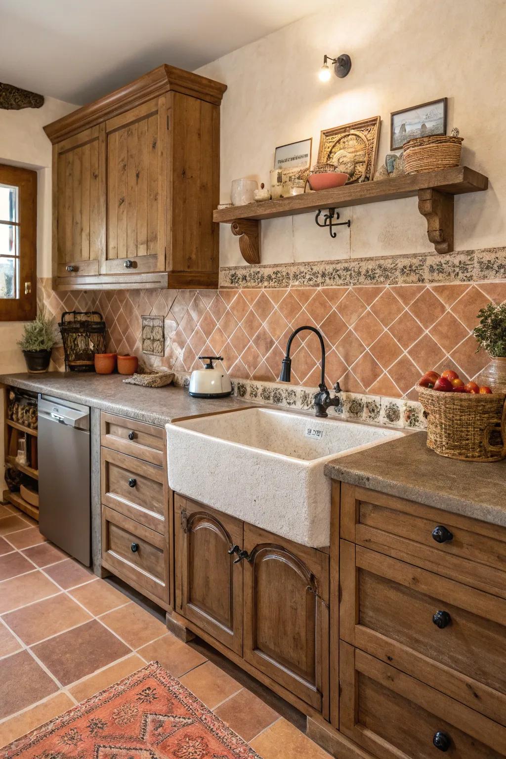 Terracotta tiles offer rustic warmth to this Mediterranean-inspired kitchen.