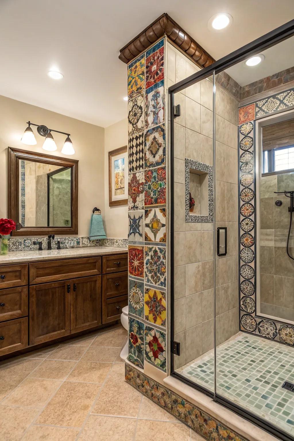 Eclectic tile mixes bring unique character to shower borders.