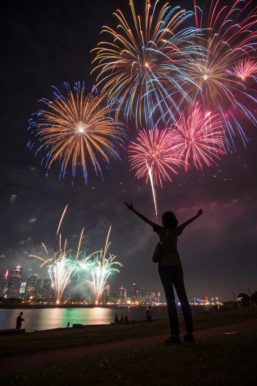 Fireworks lighting up the sky for a gender reveal.