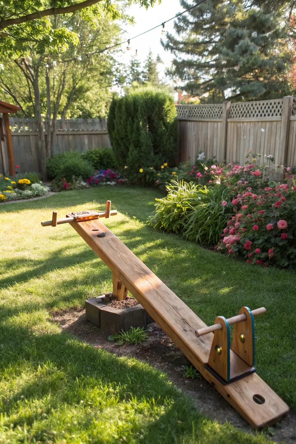 A charming wooden see-saw in the backyard