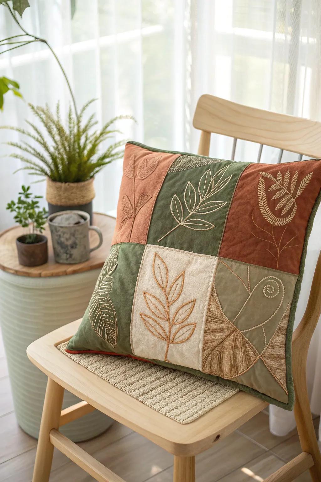 Embrace nature's hues with this serene patchwork cushion, bringing calm elegance to any space.