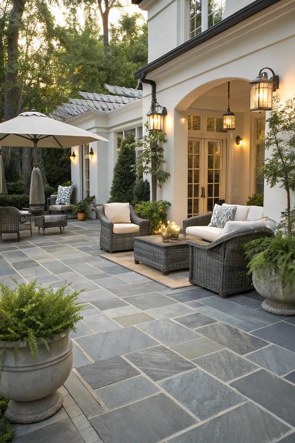 Slate pavers provide a sophisticated and elegant finish to this chic patio.