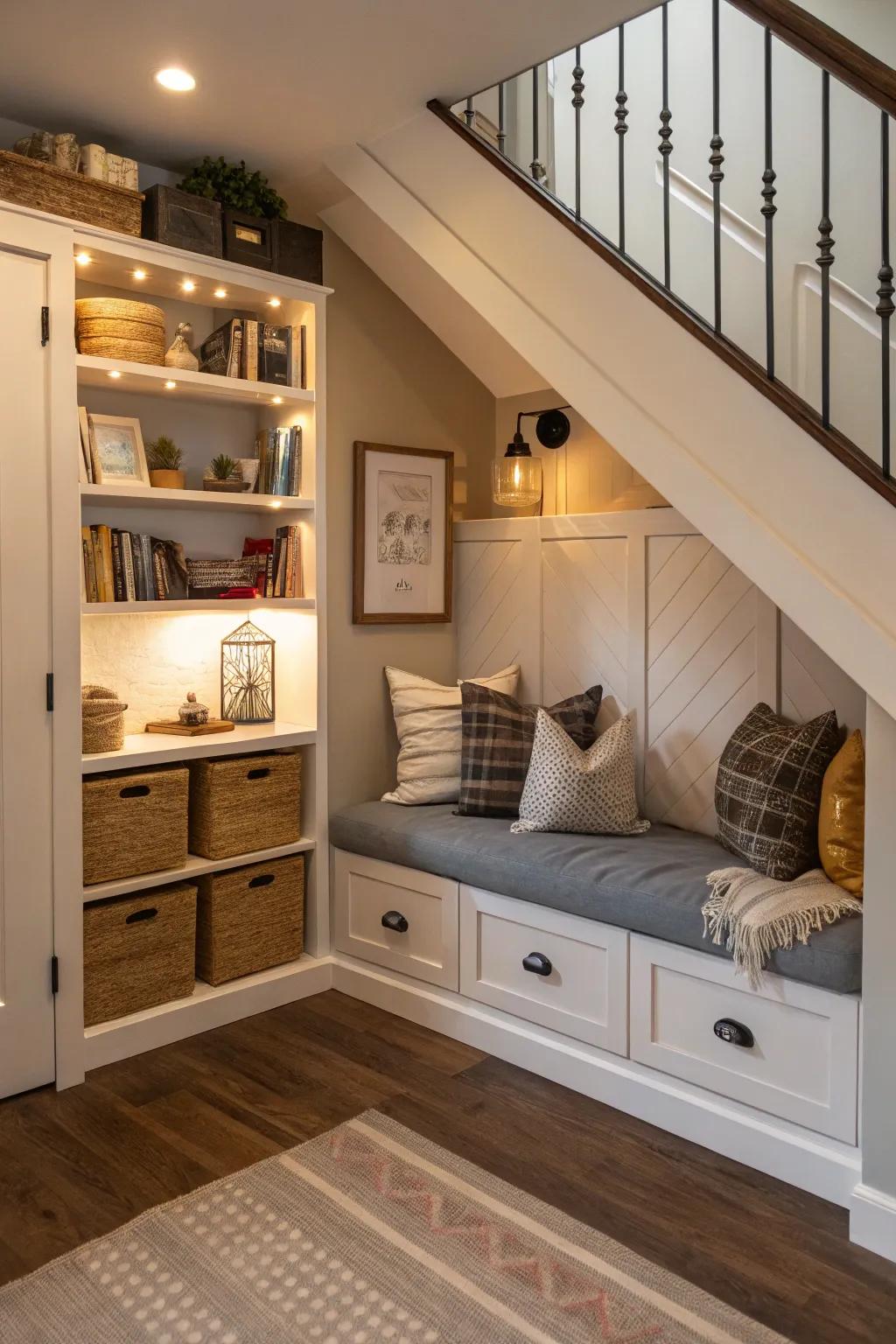 Clever use of under-stair space in a small apartment.