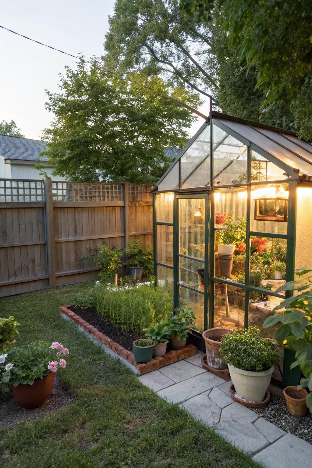 A small greenhouse extends the growing season and adds charm.