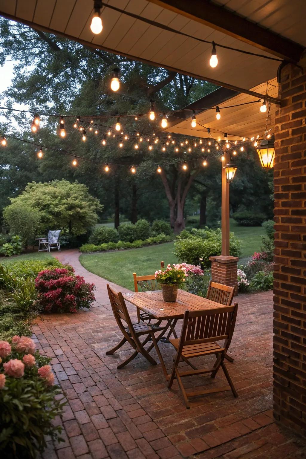 A brick patio dining area with string lights.