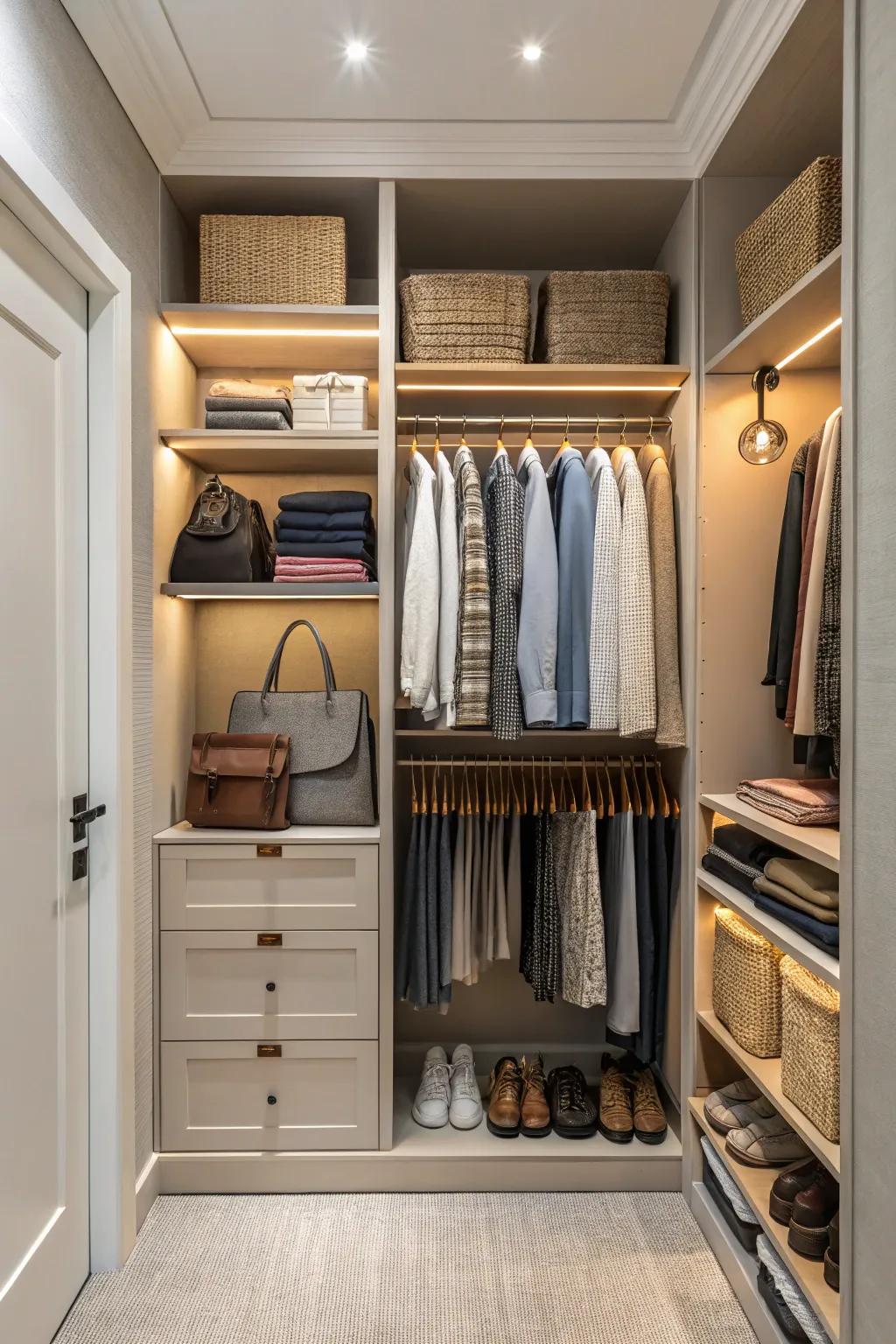 A cohesive color palette creates a harmonious and organized closet.