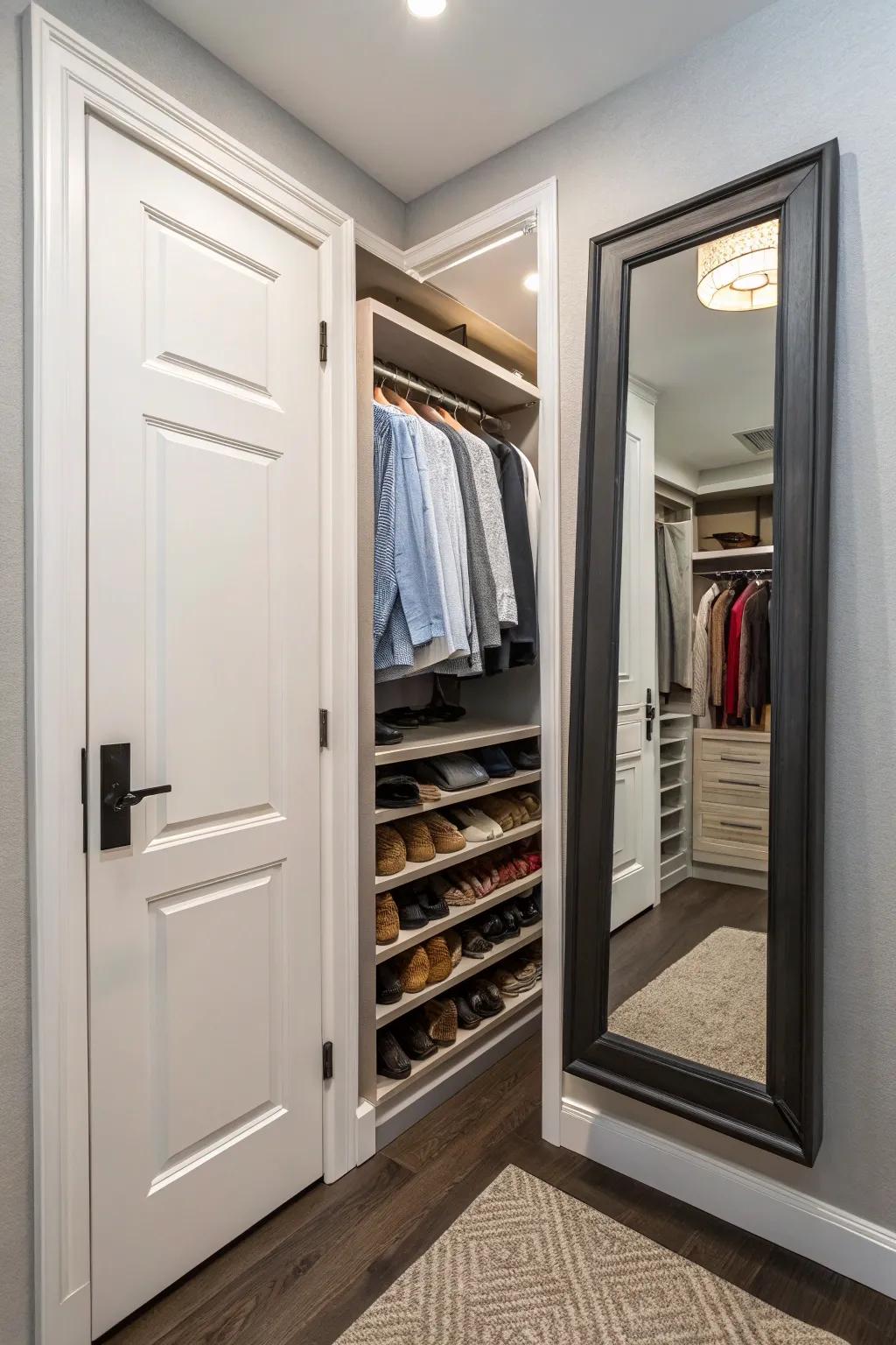 Mirrors with storage add elegance and functionality to closets.