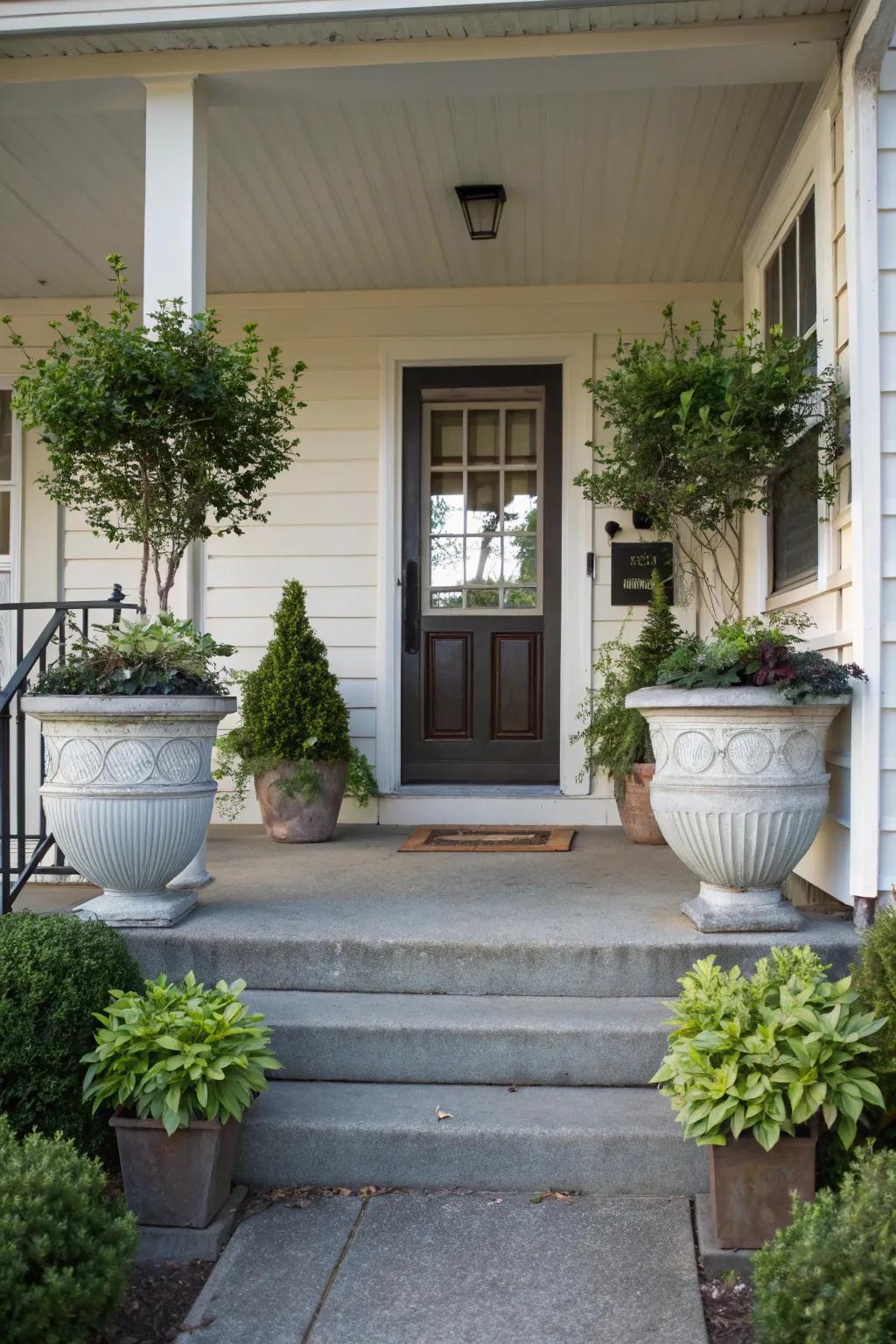 Symmetrical planters enhance balance.