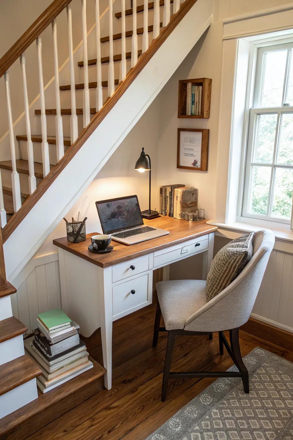 A cozy office nook under the stairs.