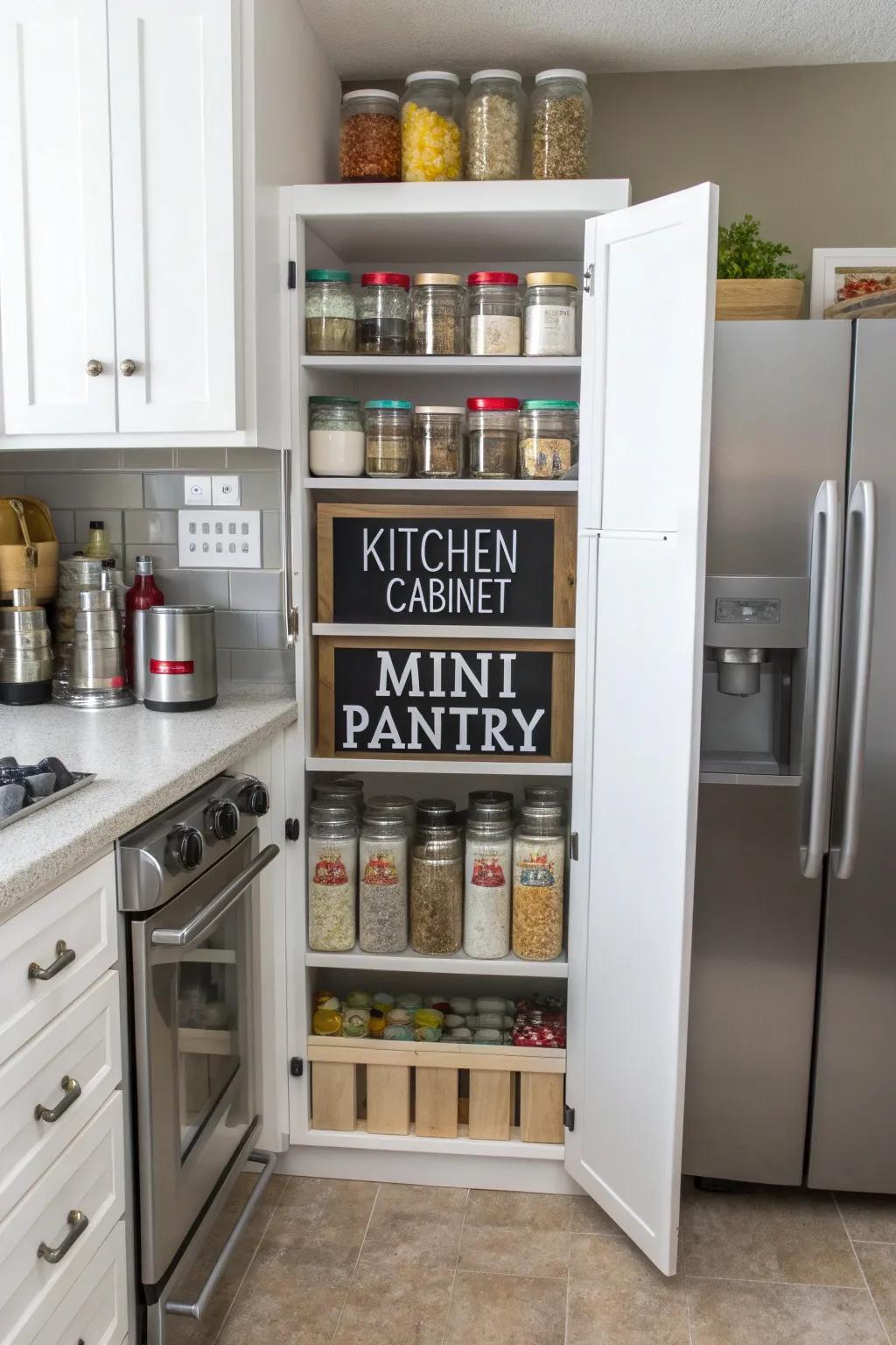 Convert a cabinet to create a functional mini pantry.