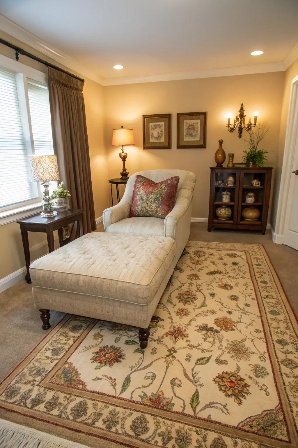 A cozy seating area with a chaise lounge beautifully centered on a decorative rug.