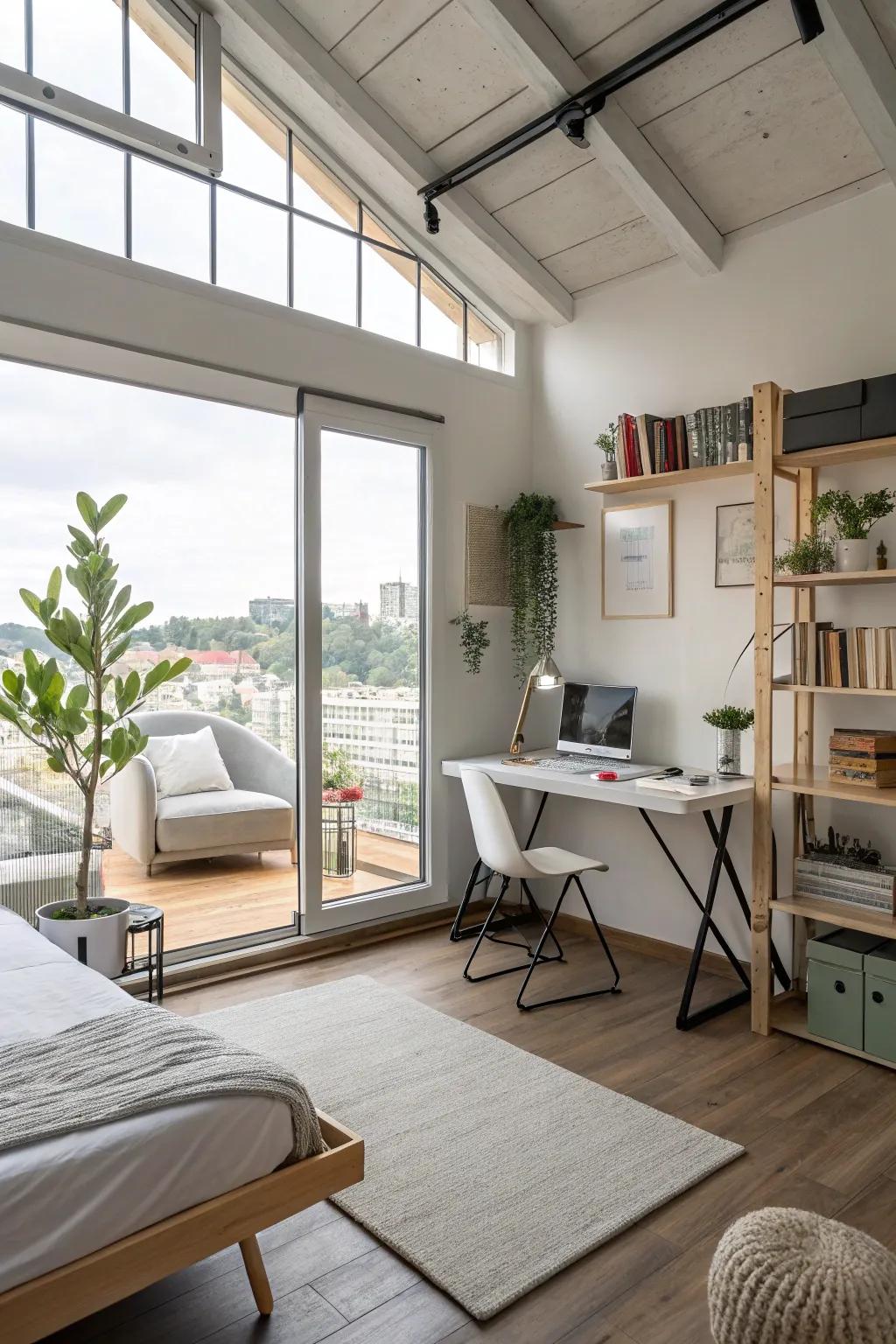 Multipurpose loft with flexible furniture for varied uses.