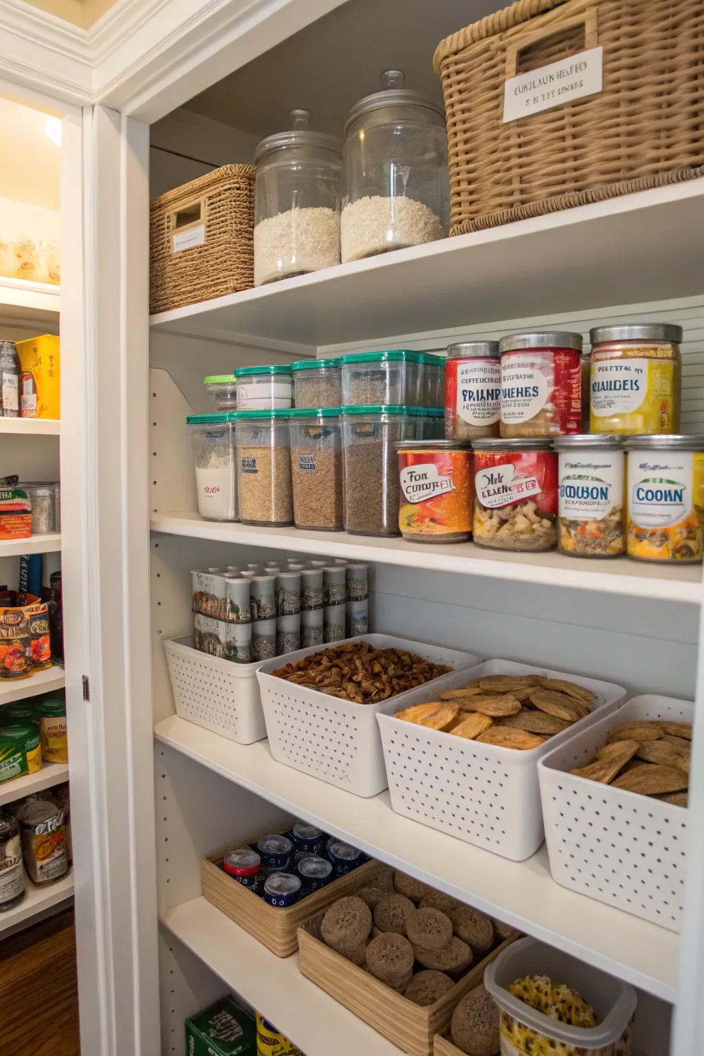 Categorizing shelves helps keep the pantry neat and efficient.