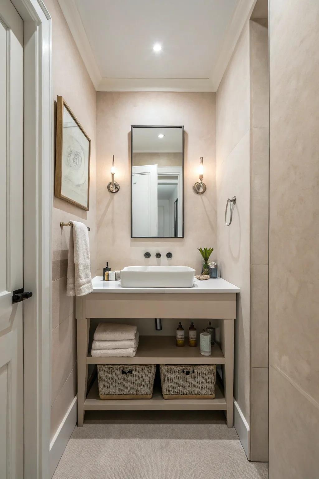 Minimalist design makes small powder rooms feel open and serene.